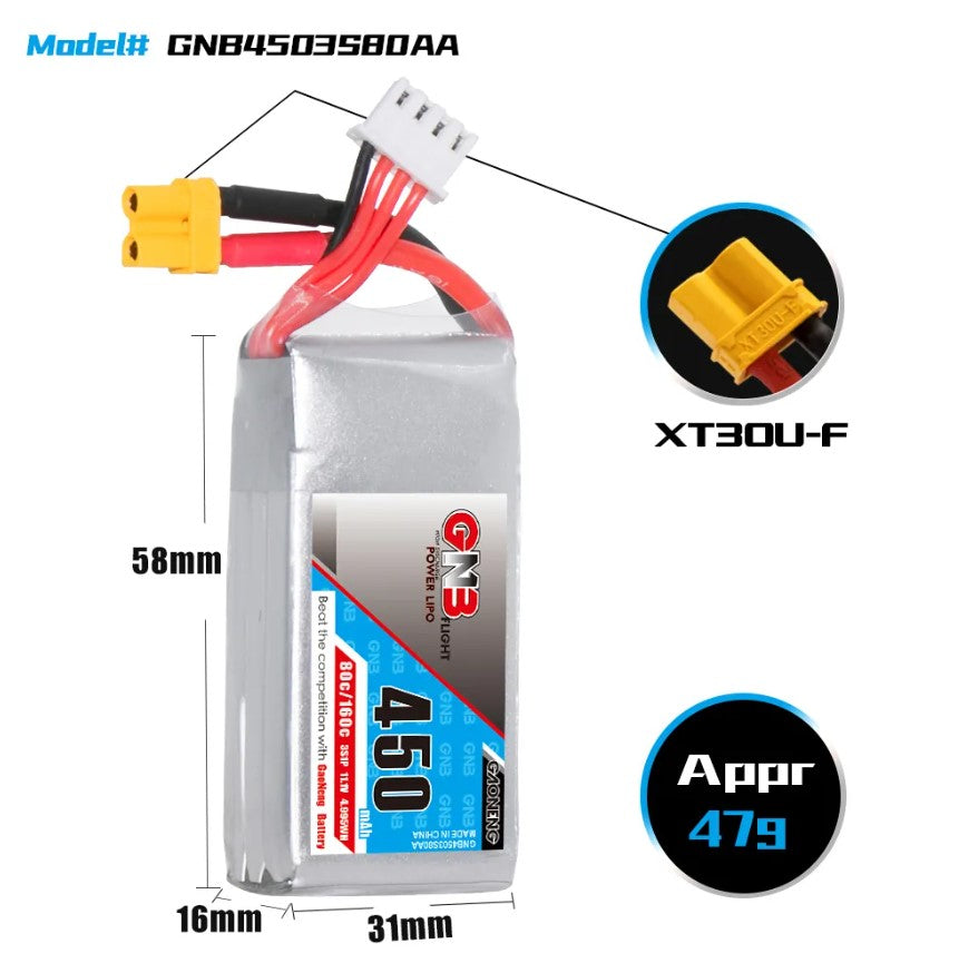 GNB 3S 11.1V 450mAh 80C XT30 LiPo Battery
