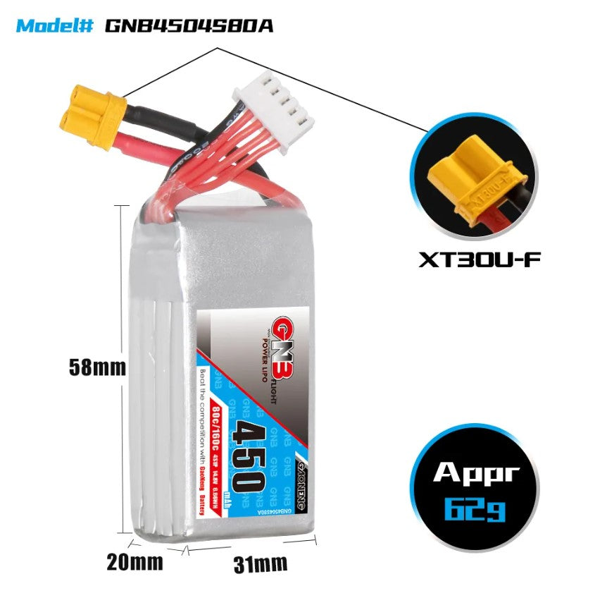 GNB 4S 14.8V 450mAh 80C XT30 LiPo Battery