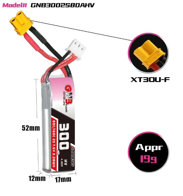 GNB LiHV 2S 7.6V 300mAh 80C XT30 LiPo Battery